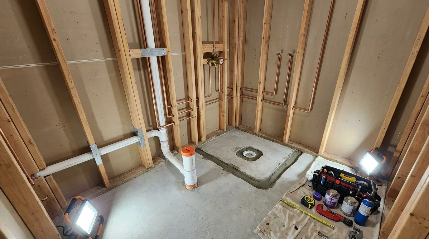 Bathroom rough-in plumbing during remodel by Johns Plumbing LLC in Socorro