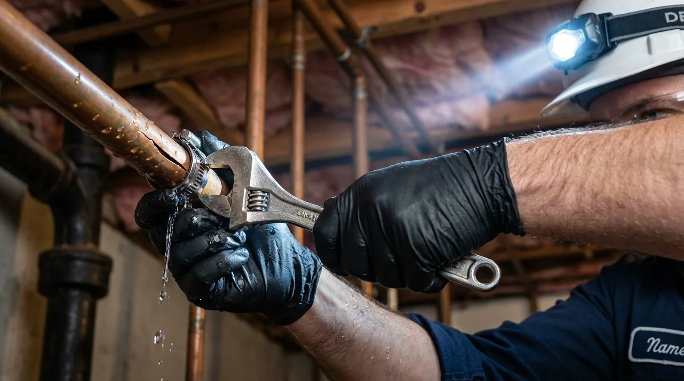 Emergency pipe clamp repair being performed by a Johns Plumbing LLC plumber in Socorro