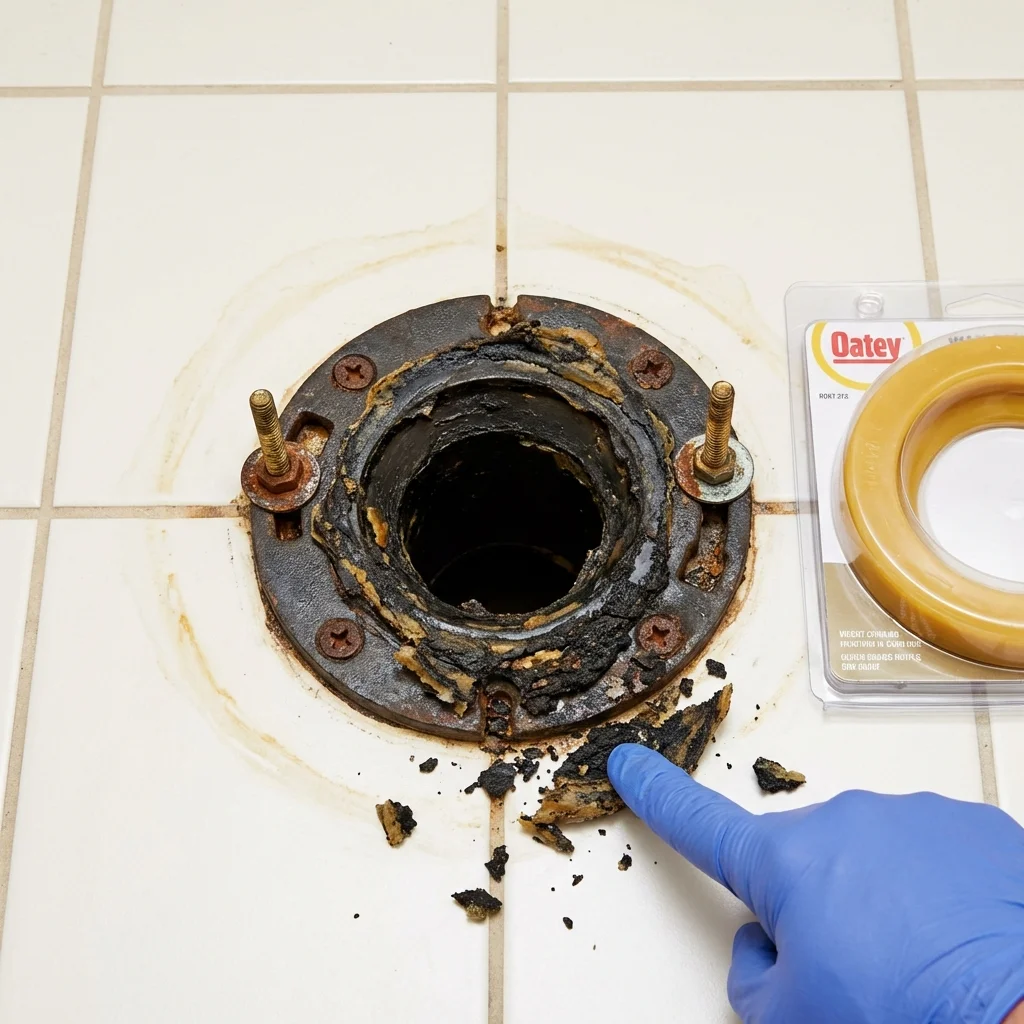 Failed wax ring showing water seepage at the base of a toilet in a Socorro, NM home