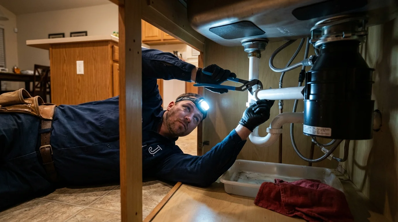 P-trap and supply line connections under a kitchen sink showing a common leak point in Socorro, NM